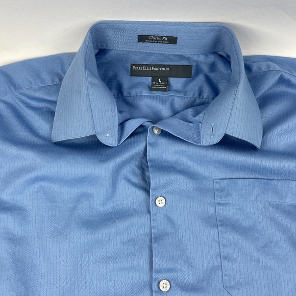 Perry Ellis Portfolio Button Up Shirt Mens Large 16/16.5 36/37 Classic Fit Blue - Picture 3 of 8